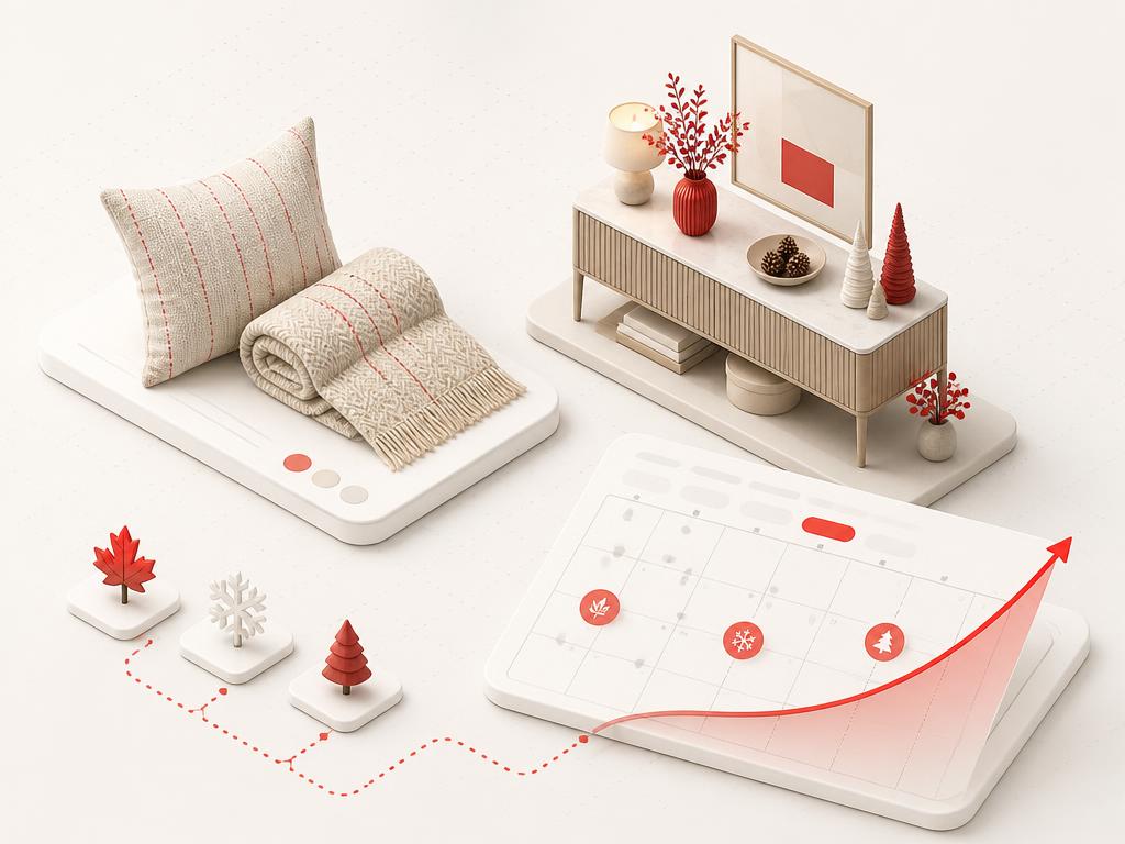 Seasonal home refresh composition with product tiles and a restrained calendar cue