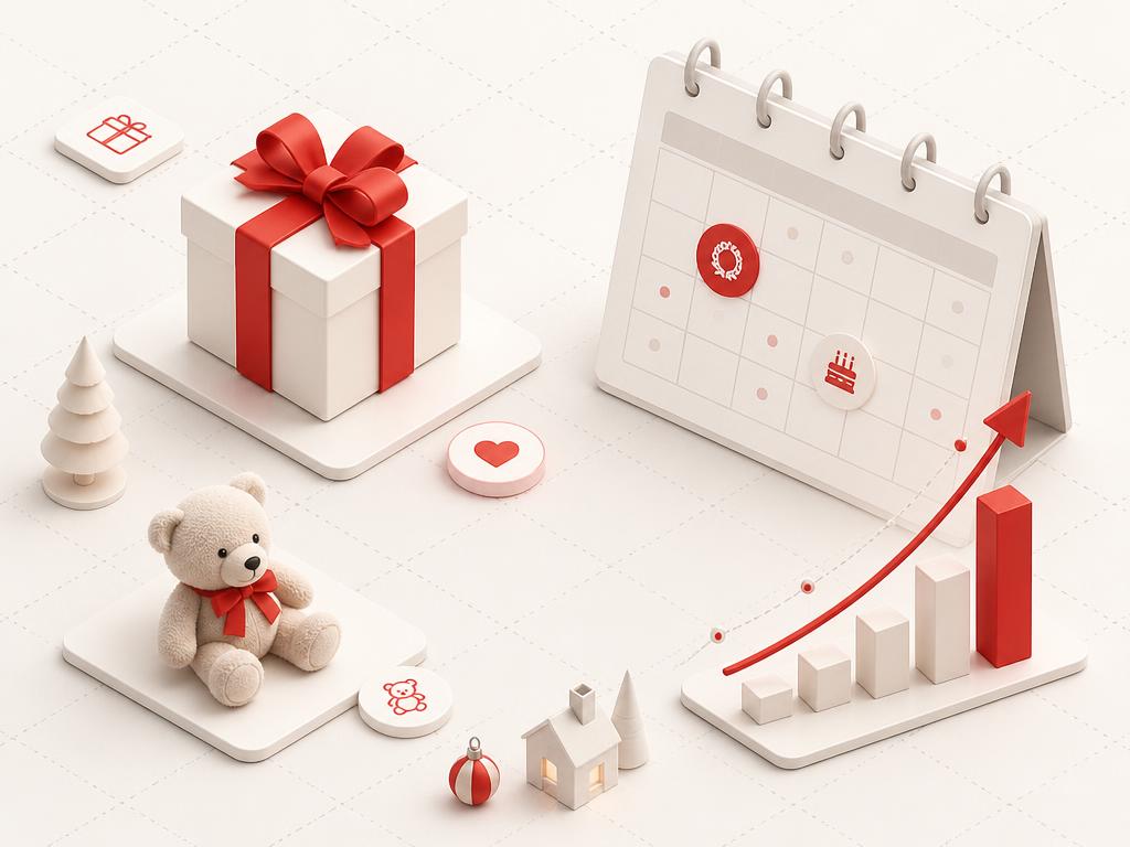 Gift box and plush toy tiles beside a calendar module with seasonal demand arc