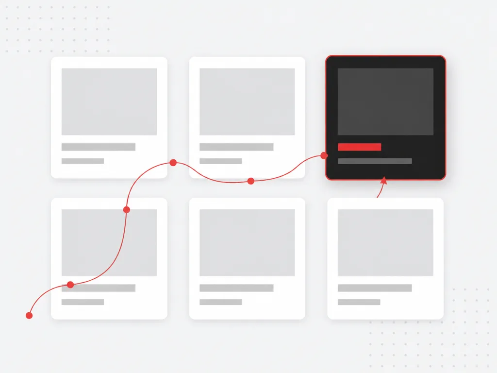Discovery grid of content cards with a highlighted dark sponsored tile and a red discovery path