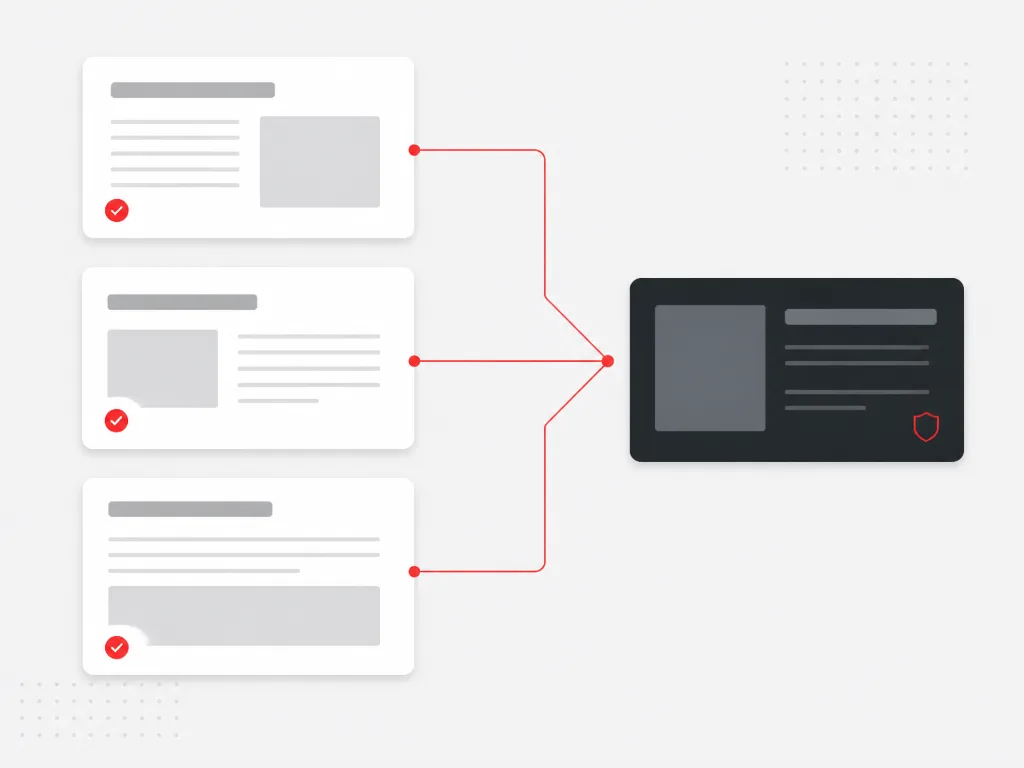 Curated editorial publisher tiles routing along red lines into one selected brand-safe placement module
