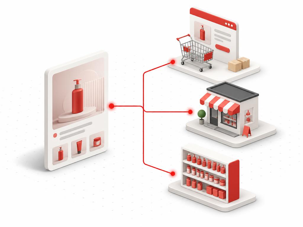 Product demand flowing from advertising into ecommerce, store and retail partner purchase nodes