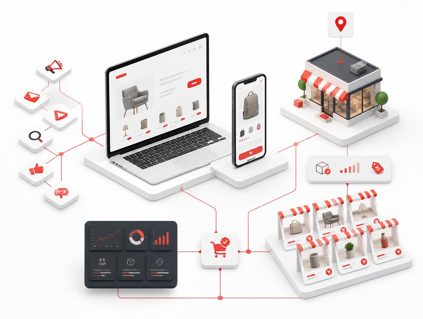 Omnichannel retail system connecting an ecommerce storefront on laptop and phone with a store, retail partner modules, advertising channels and a unified performance module
