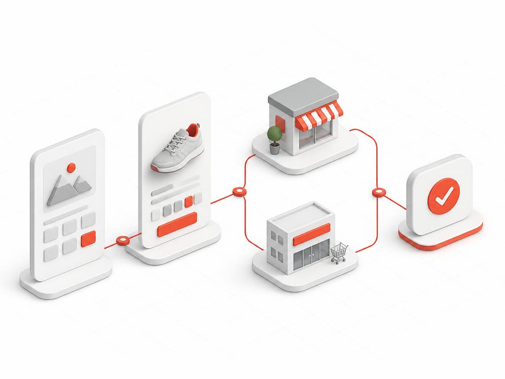 Generic customer journey connecting online discovery, product detail, store and retail partner choice, and purchase