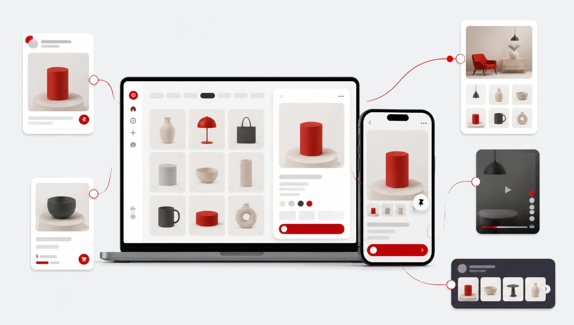Visual discovery shopping interface on a laptop and smartphone with generic product pins, shopping cards and conversion modules