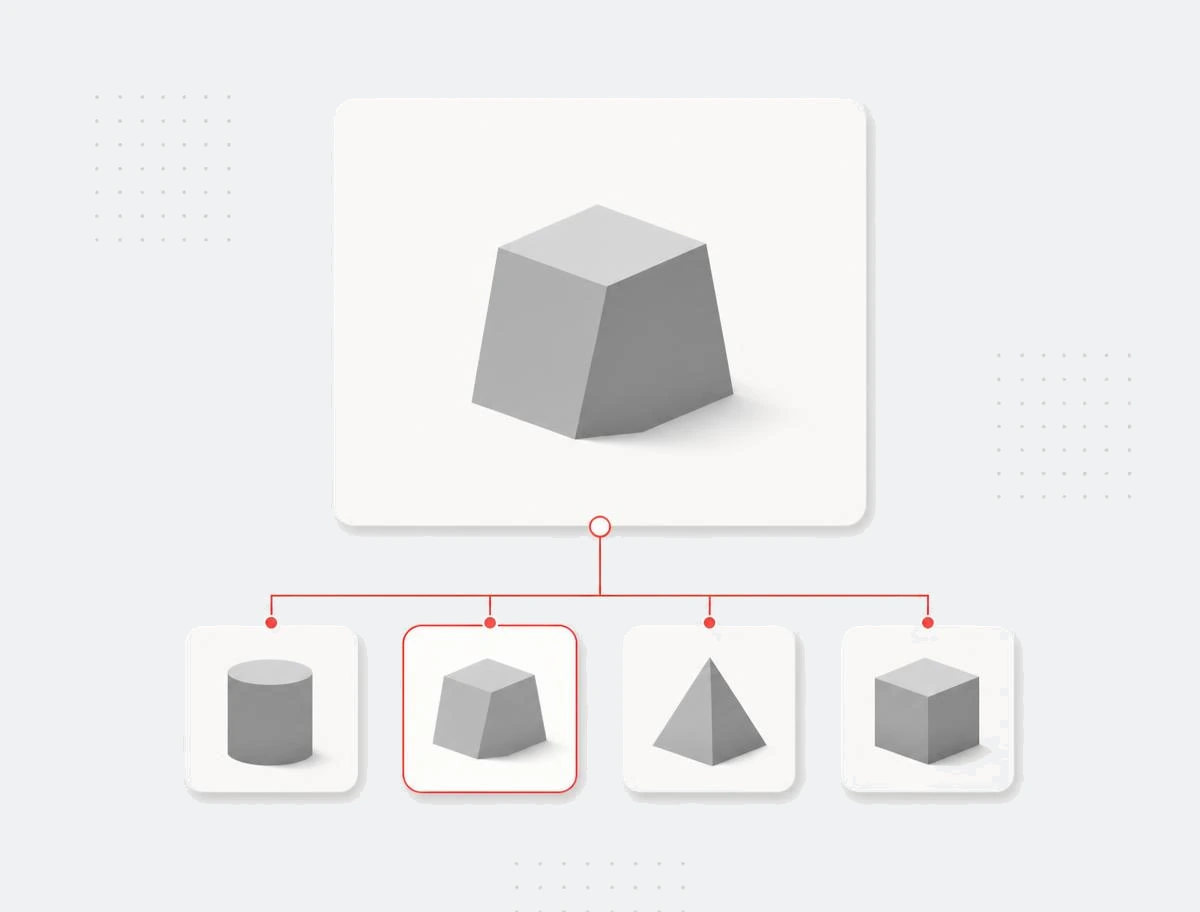 Hero product card connected by thin red lines to a row of small related product tiles