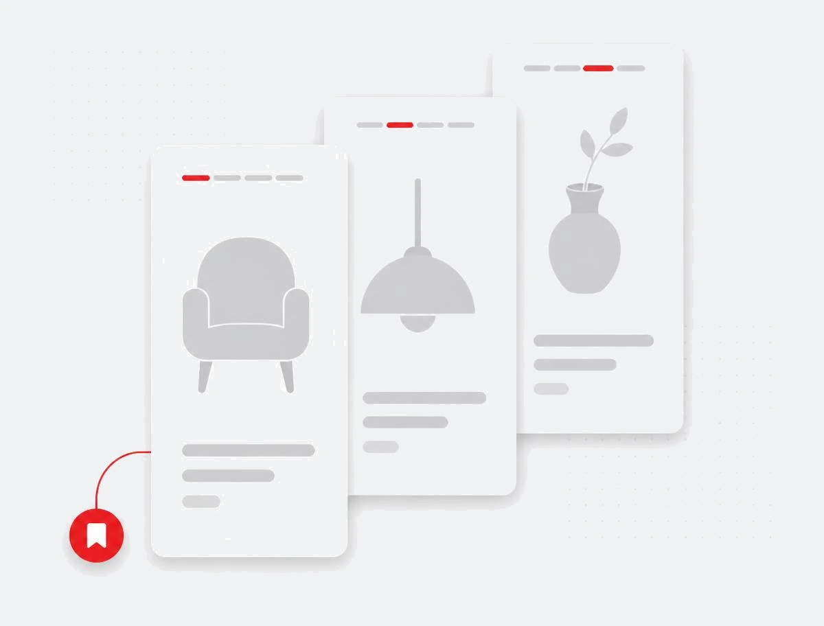 Three staggered vertical story cards with page progress segments and a red save marker