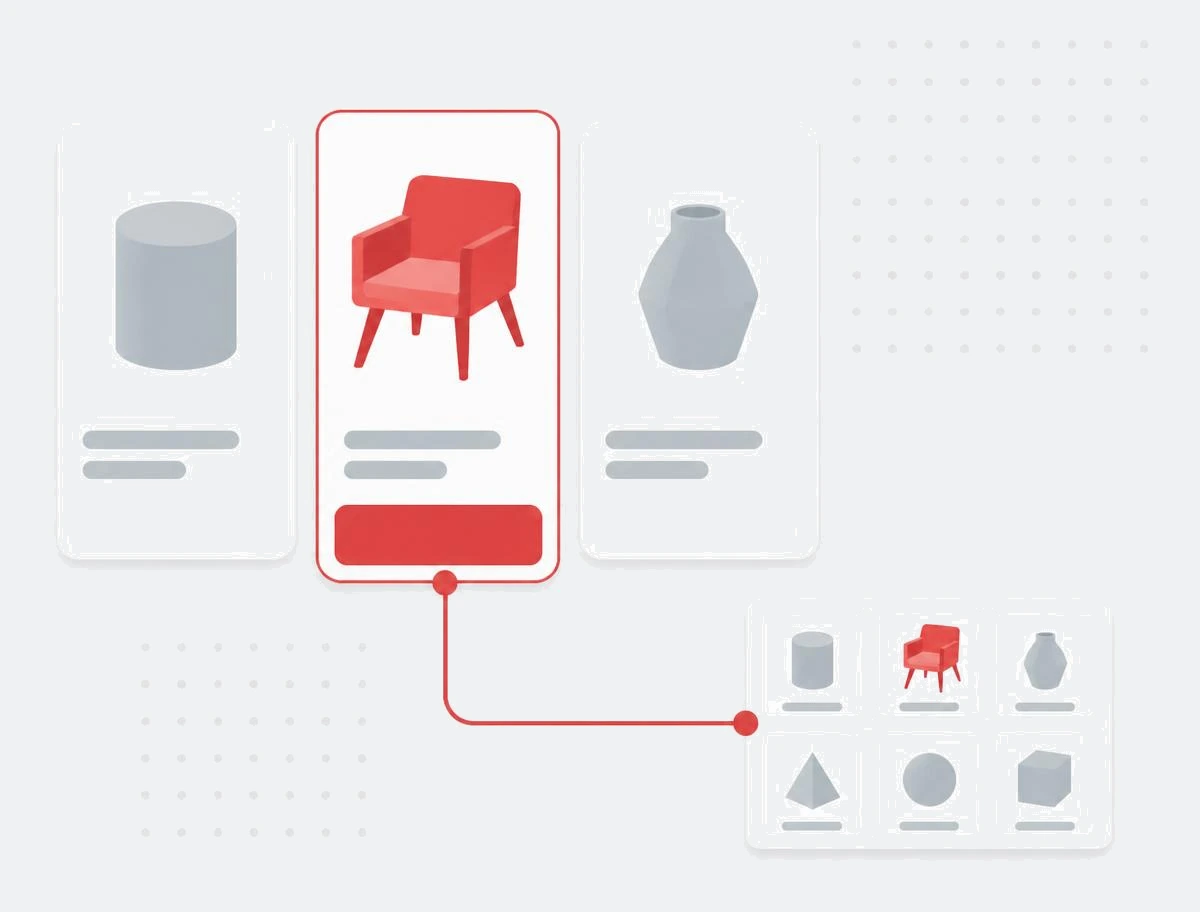 Row of generic product cards with price placeholders and one highlighted red buy button linked to a catalog tile