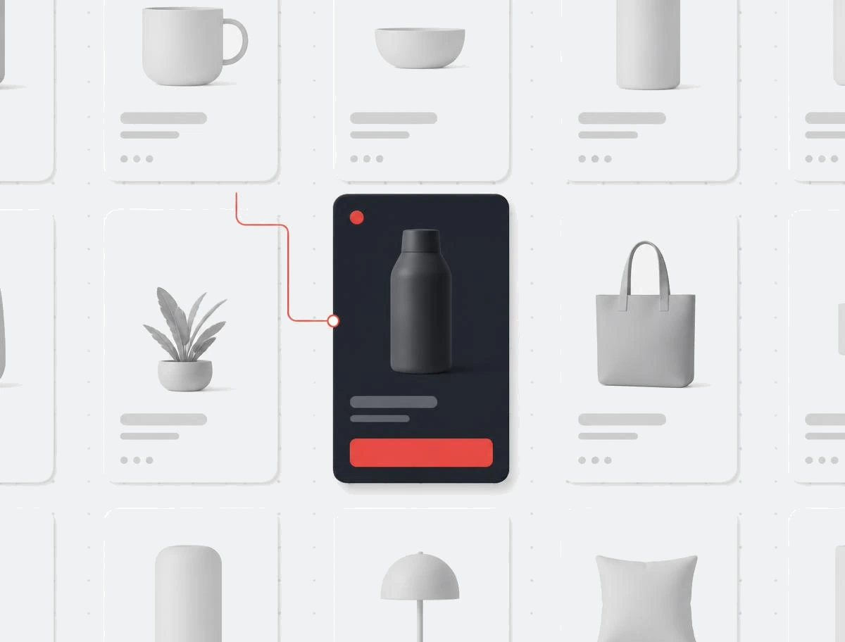 Pin grid of generic product tiles with one dark promoted pin card highlighted by a red action button