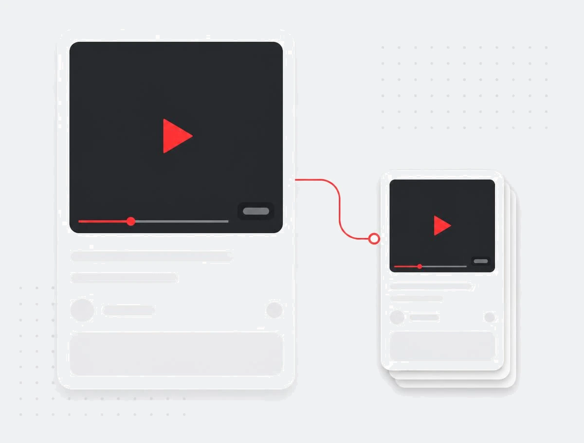 Vertical video pin card with a red play cue and progress bar linked to a stacked pin card