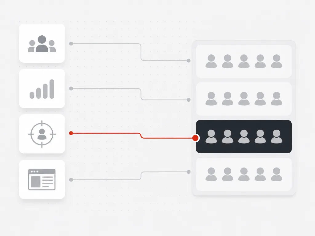 Audience signal chips routing along a red path into one selected dark high-value buyer segment