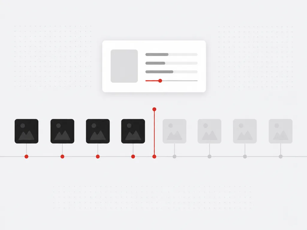 Impression tiles paced across a timeline with a red frequency cap marker fading later exposures