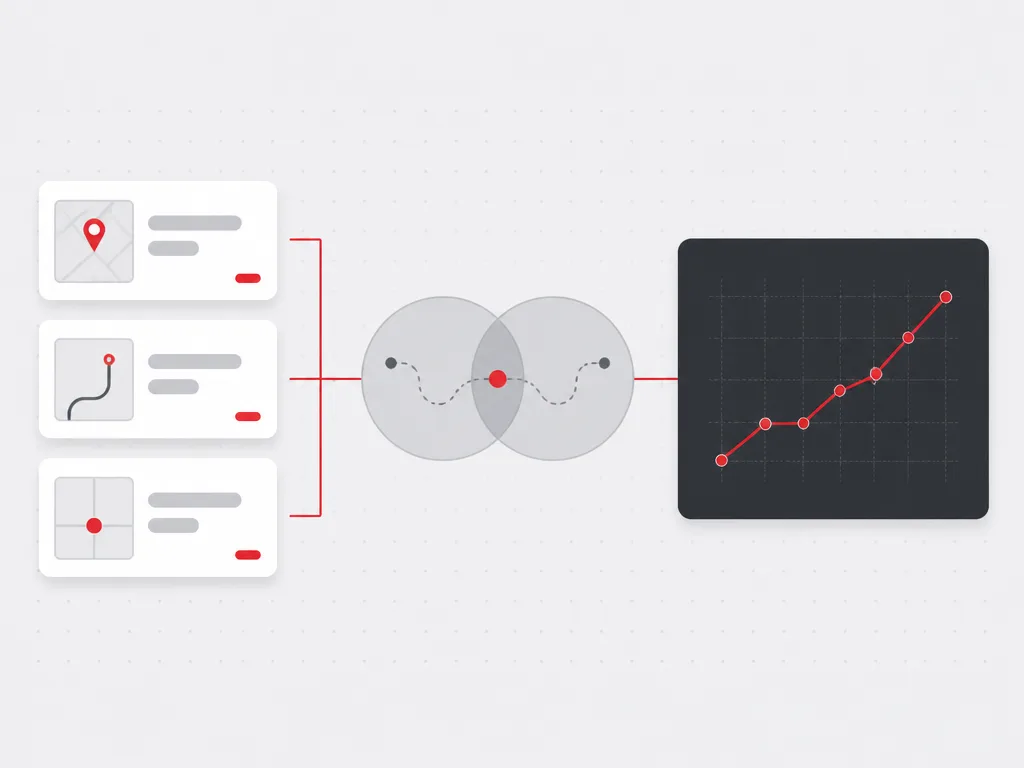 Placement reporting tiles and an overlap analysis cue linked to a dark panel with a rising red chart