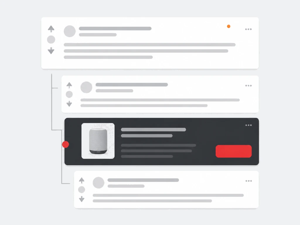Community discussion thread with nested replies and a dark sponsored conversation card containing a product tile and red action button