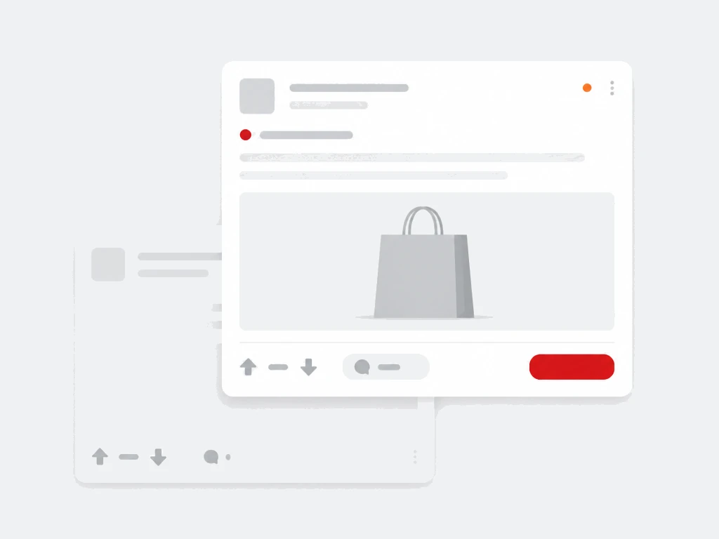 Native promoted post card with a generic product image block, upvote arrows, comment pill and a red action button