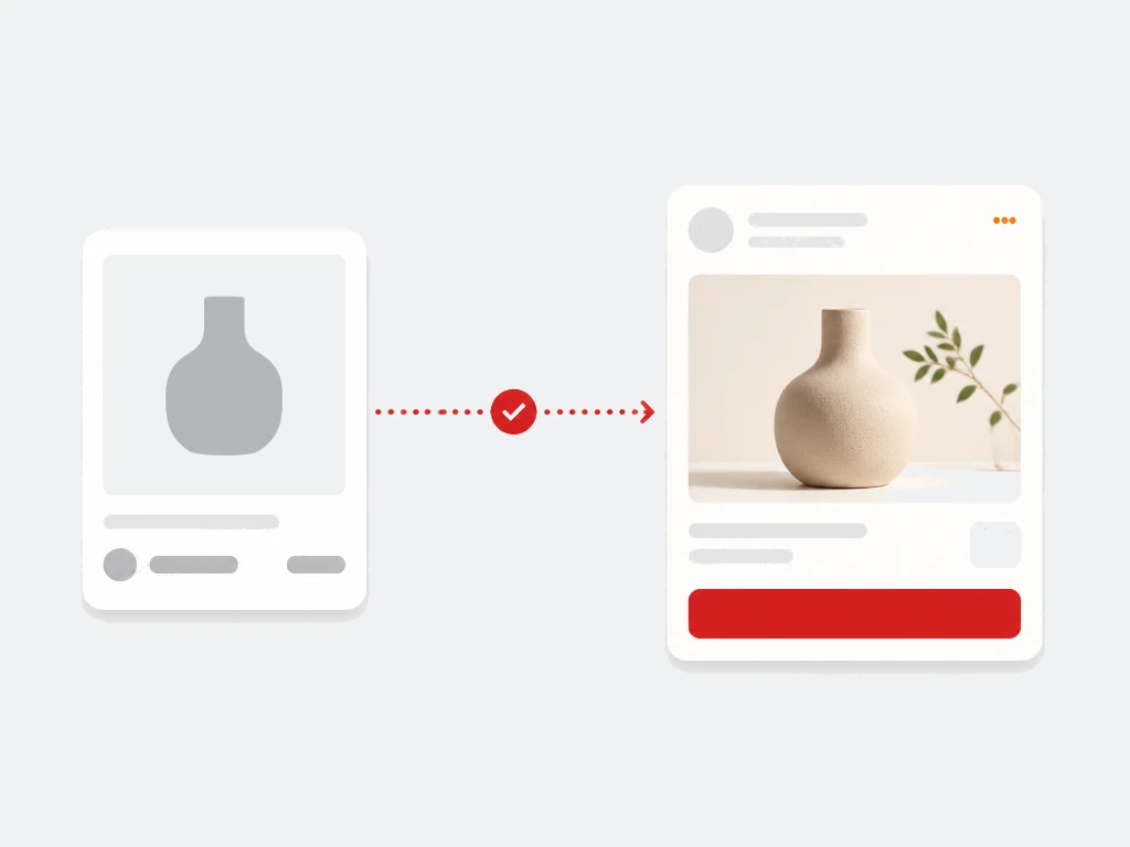 Previously viewed product card connected by a dotted red path to a returning promoted community post with a red buy button