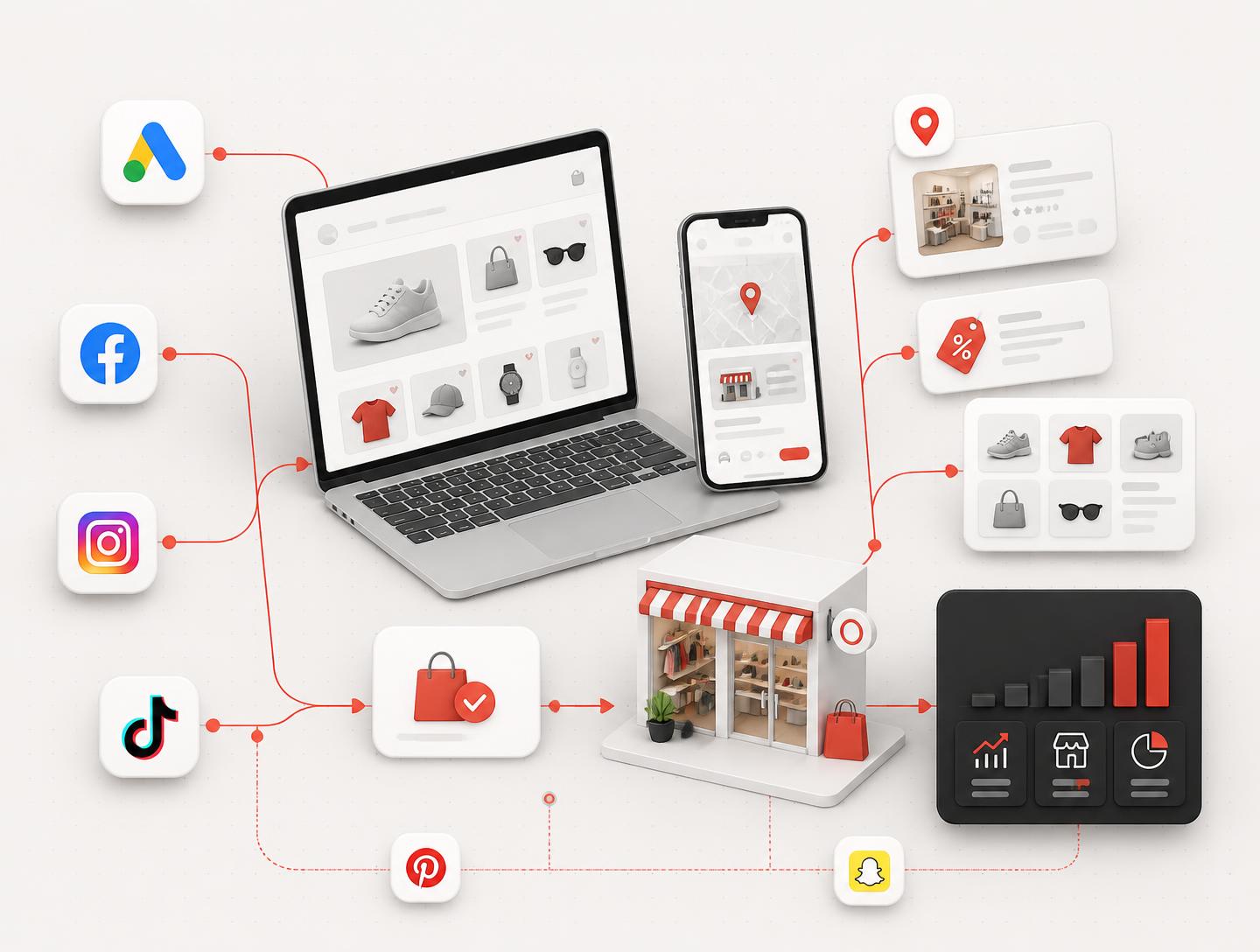 Retail catalogue on laptop and store locator on phone connected to advertising channels, store discovery, purchase and a retail sales performance module