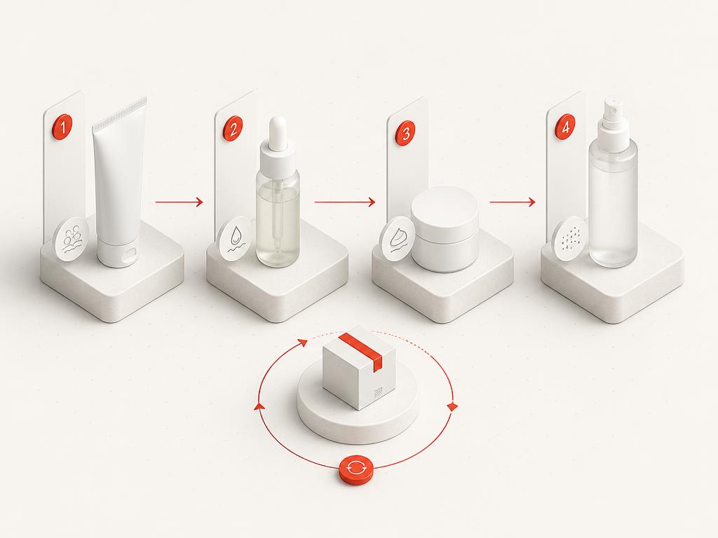 Four-step skincare routine sequence with a subtle replenishment loop