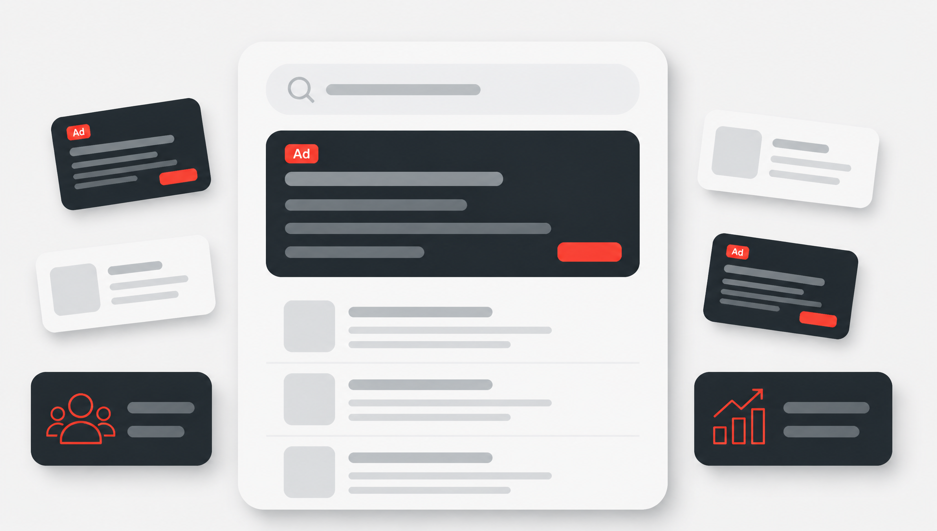 Search results interface with a sponsored ad card, organic result rows and supporting ad previews