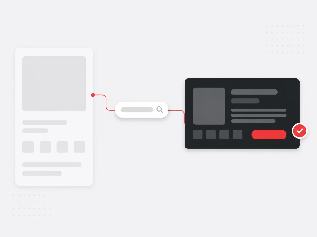 Muted previous product view connected through a search field into a refreshed dark sponsored result with a red conversion badge