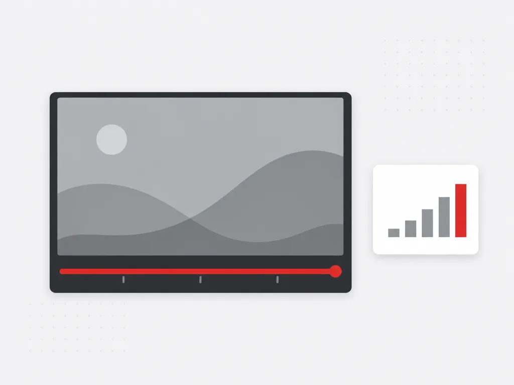 Widescreen video unit with a completed red progress timeline and a rising completion signal card