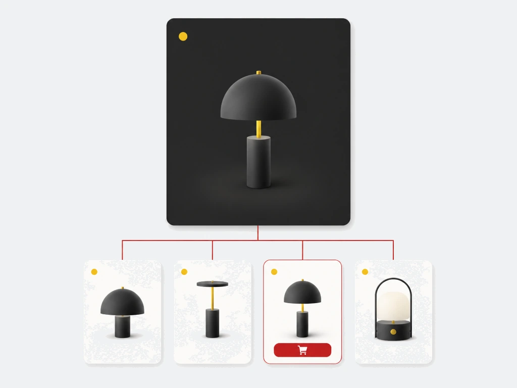 Dark hero creative above a row of tappable generic product tiles with one red highlighted buy tile