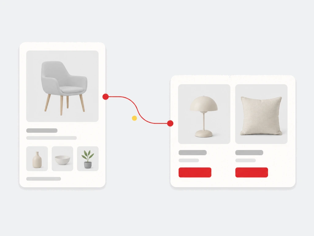 Product catalog card connected by a red path to a personalised product recommendation card with red buy buttons