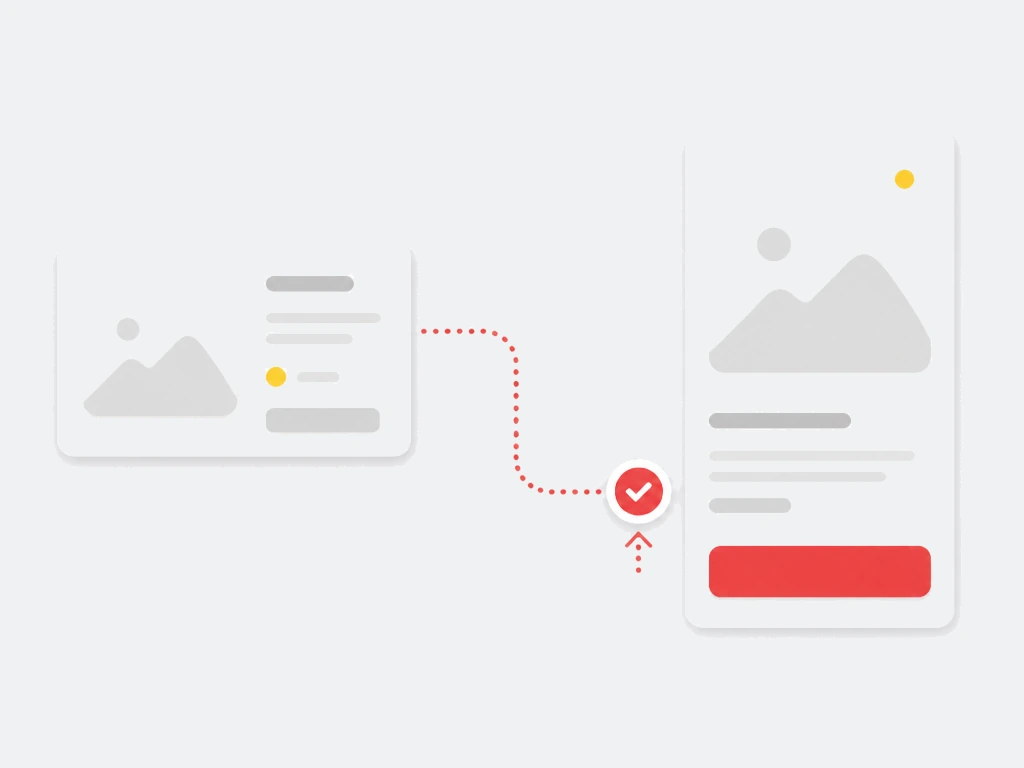 Previously viewed product card connected by a dotted red path to a returning vertical ad with a red checkout button