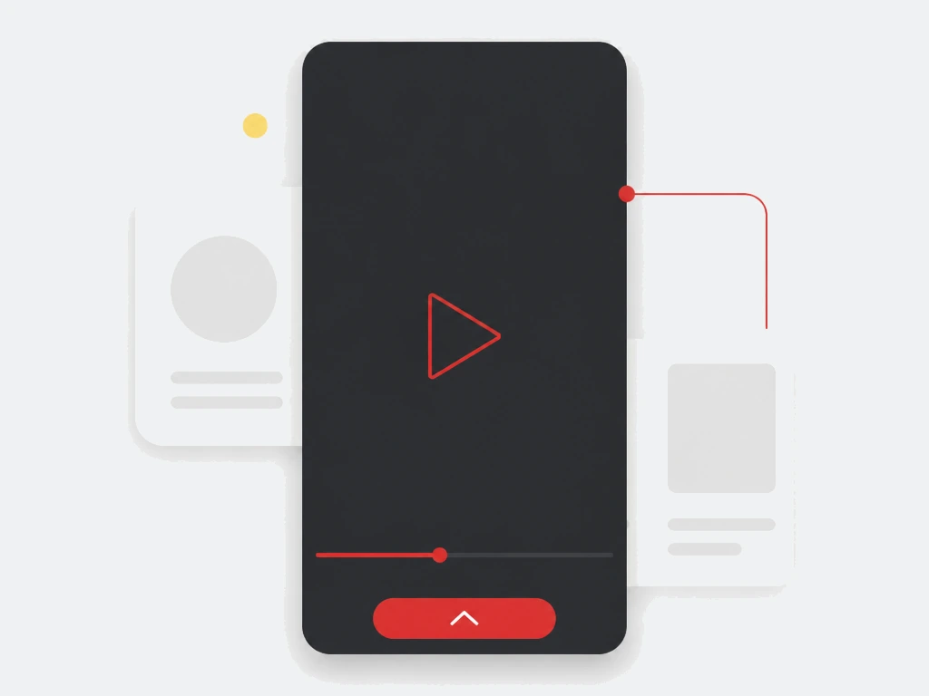 Full screen vertical video ad card with red play cue, progress bar and swipe up action button