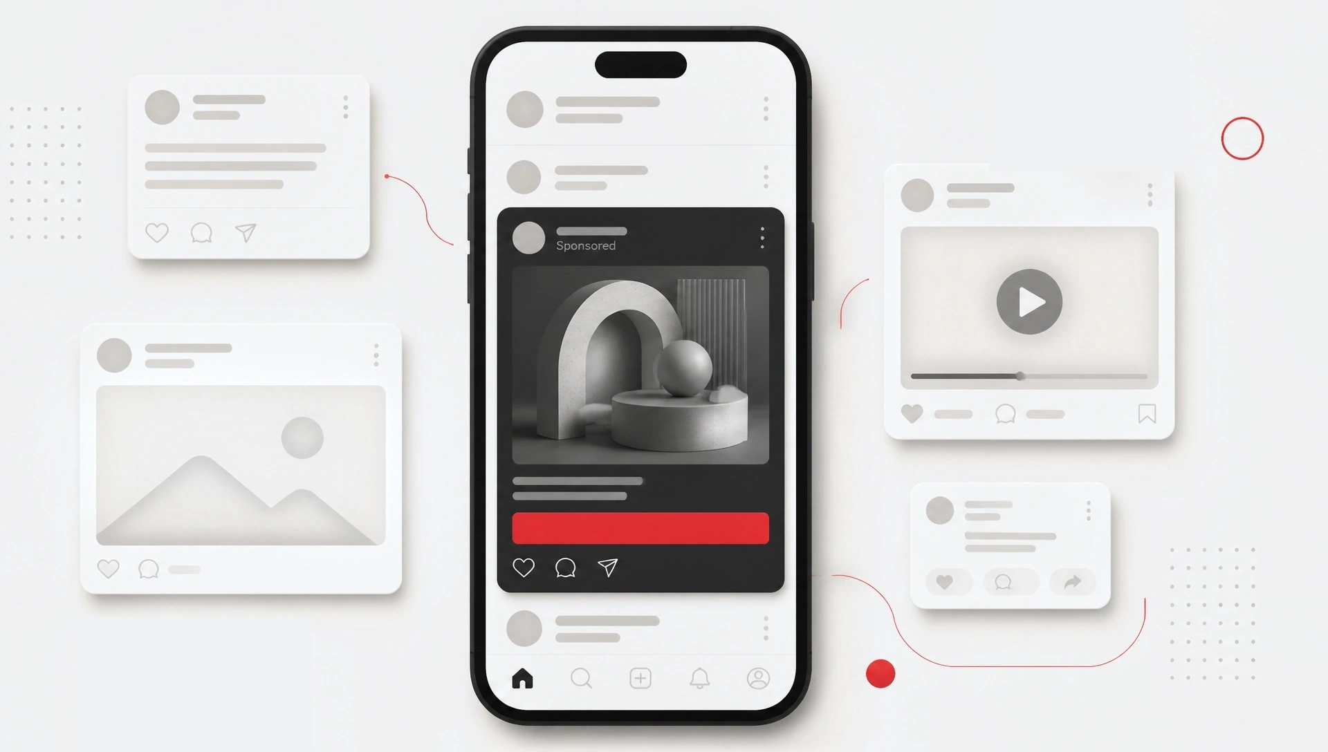Social feed interface on a smartphone with a dark sponsored post, call to action and supporting feed cards