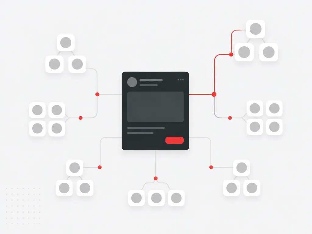 Sponsored social post connected by thin red lines to expanding clusters of audience nodes