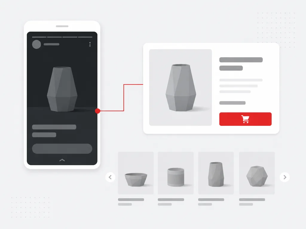Vertical story placement linked to a product card with a red add to cart button and product carousel