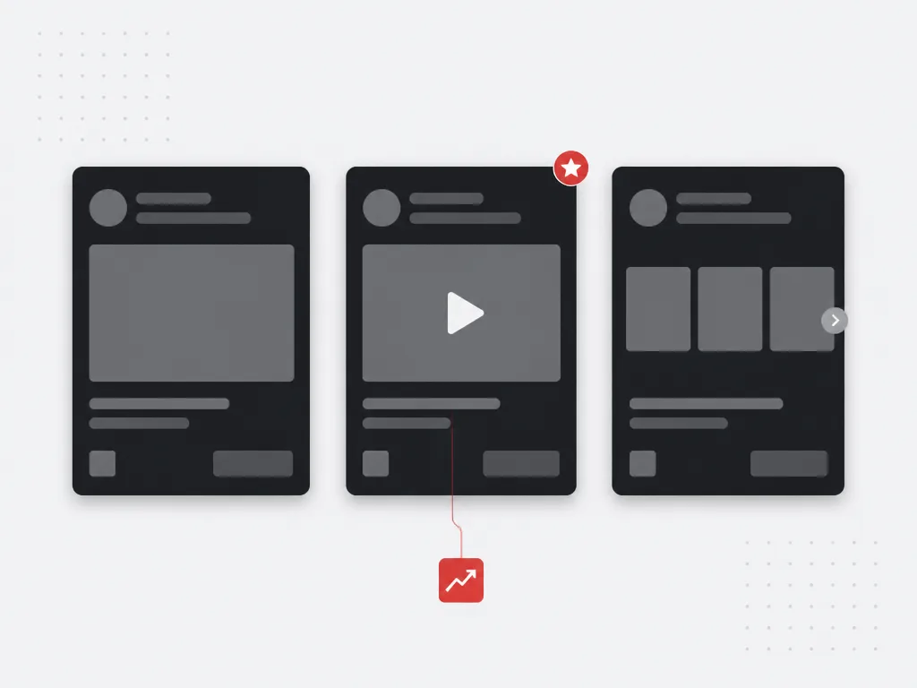 Three dark social ad variations with the winning version flagged by a red performance badge