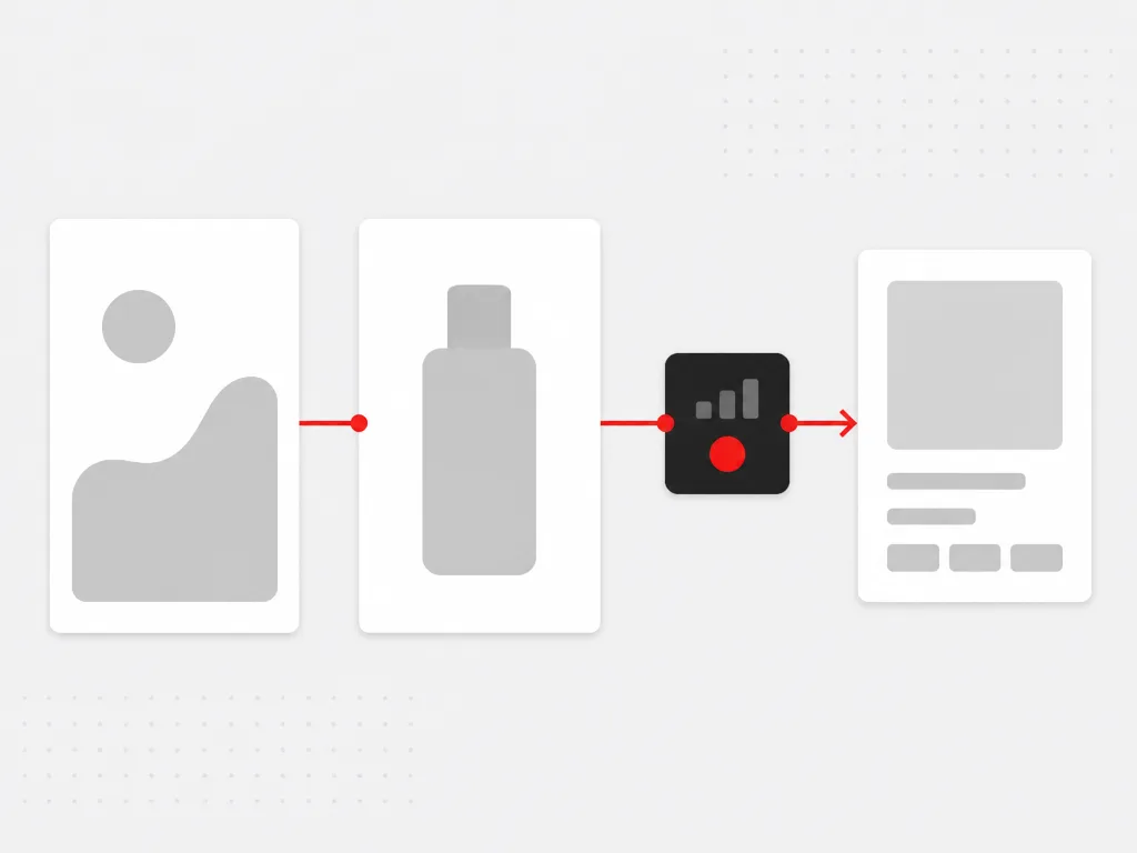 Creator content frames flowing through a dark amplification module into a product card