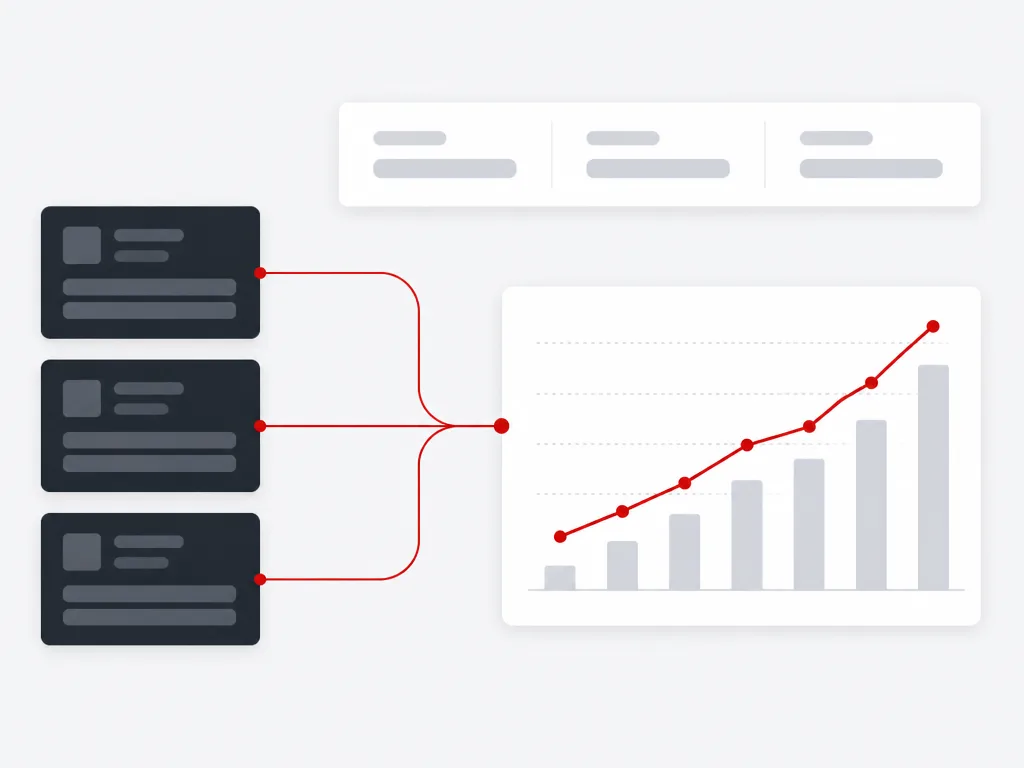 Campaign tiles reconciling through red connector lines into a rising revenue chart