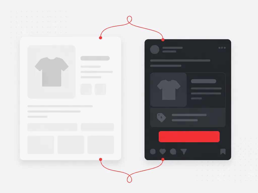 Muted prior product view card looping by a red path back into a fresh sponsored social module