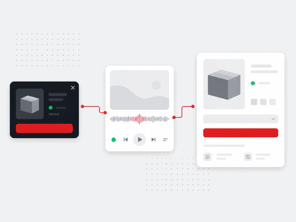 Dark clickable companion banner with a product tile and red button connected to a player card and an ecommerce product page