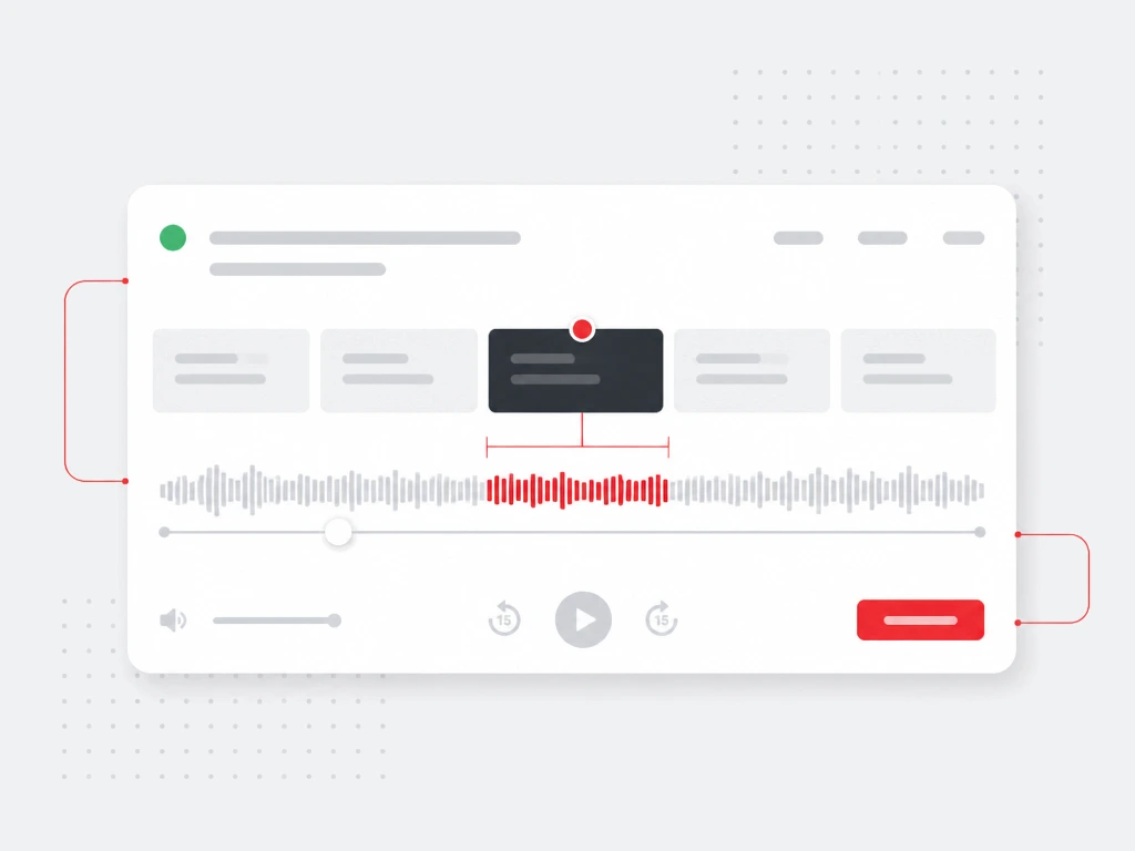 Podcast player card with an audio timeline, placeholder episode blocks and a red highlighted sponsored segment