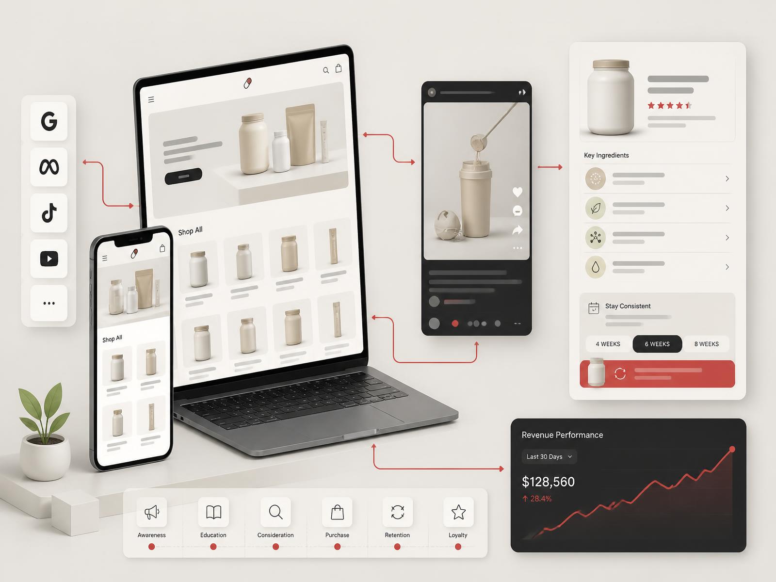 Vitamins and supplements ecommerce storefront on laptop and phone with a product education module, routine content frame and a revenue performance module connected together