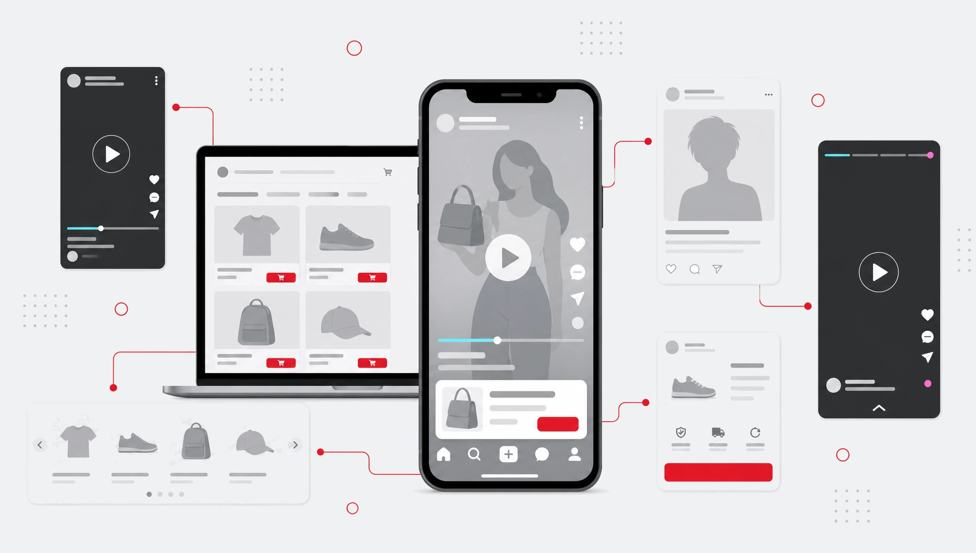 Vertical short form shopping feed on a smartphone with an ecommerce storefront laptop and TikTok style video, creator and product modules