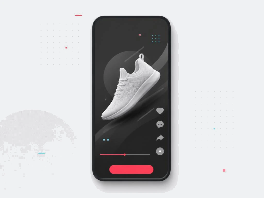 Vertical short form video ad placement with engagement icons and a red action button