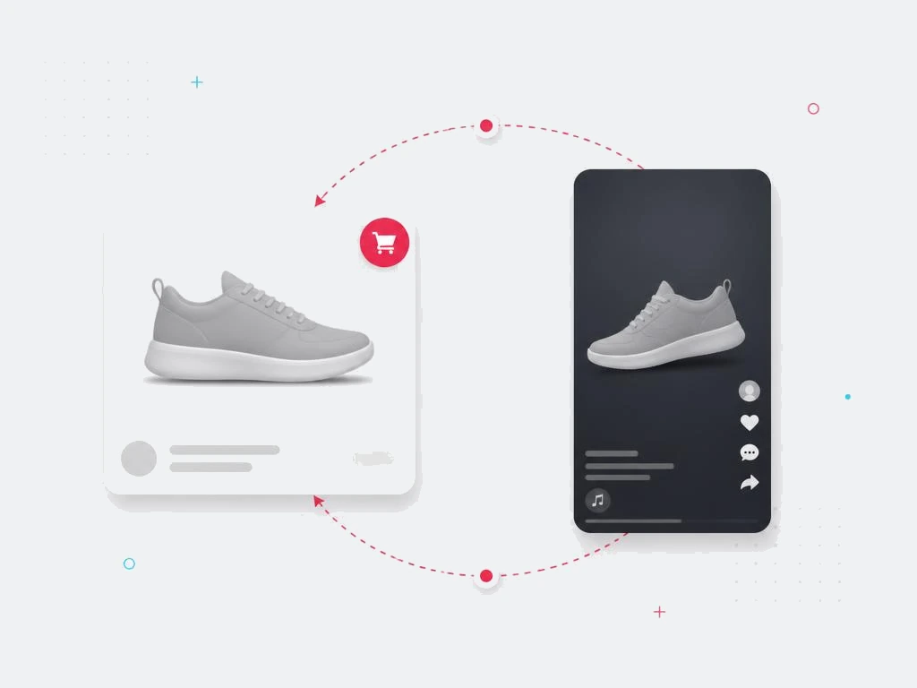 Product card and short form video connected by a dotted red retargeting loop