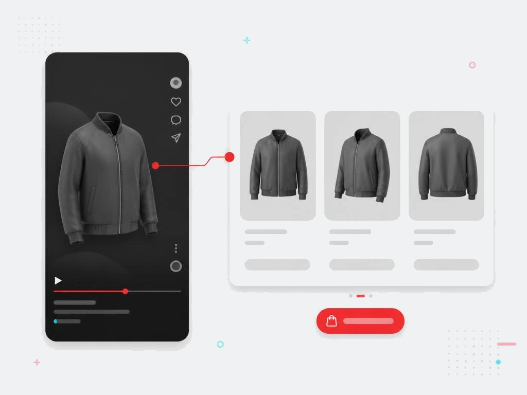 Shoppable vertical video panel linked to a product card carousel with a red buy button