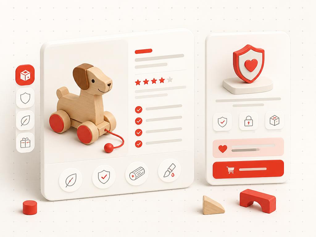 Product detail card with quality and review cues beside a caregiver trust module