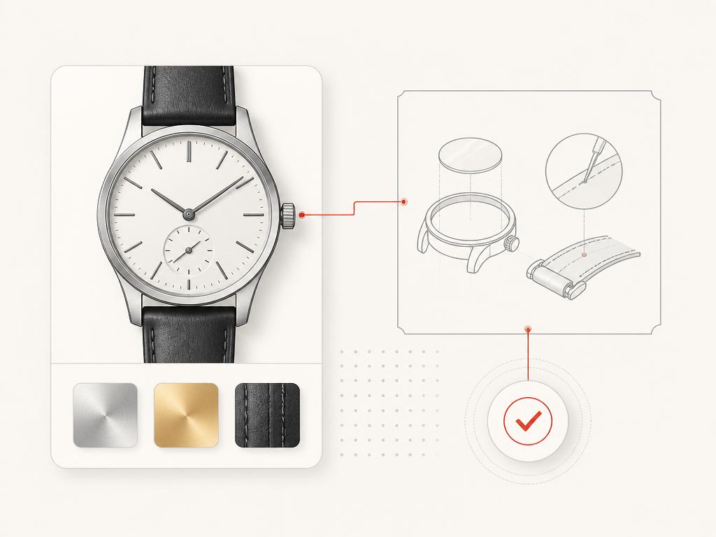 Premium watch product-detail module with material swatches and a confidence signal