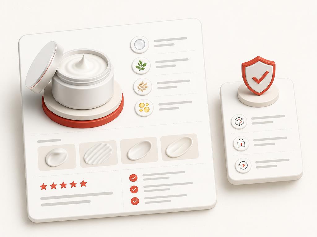 Product education card with ingredient icons, texture swatches and review cues