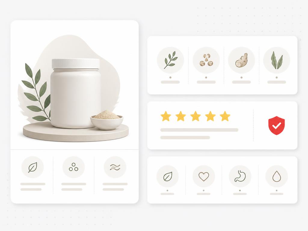 Product detail and education card with ingredient cues, review row and a verified proof signal
