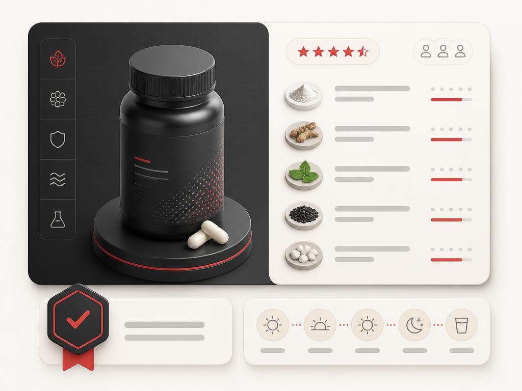 Product detail and education card with neutral ingredient, review and quality cues