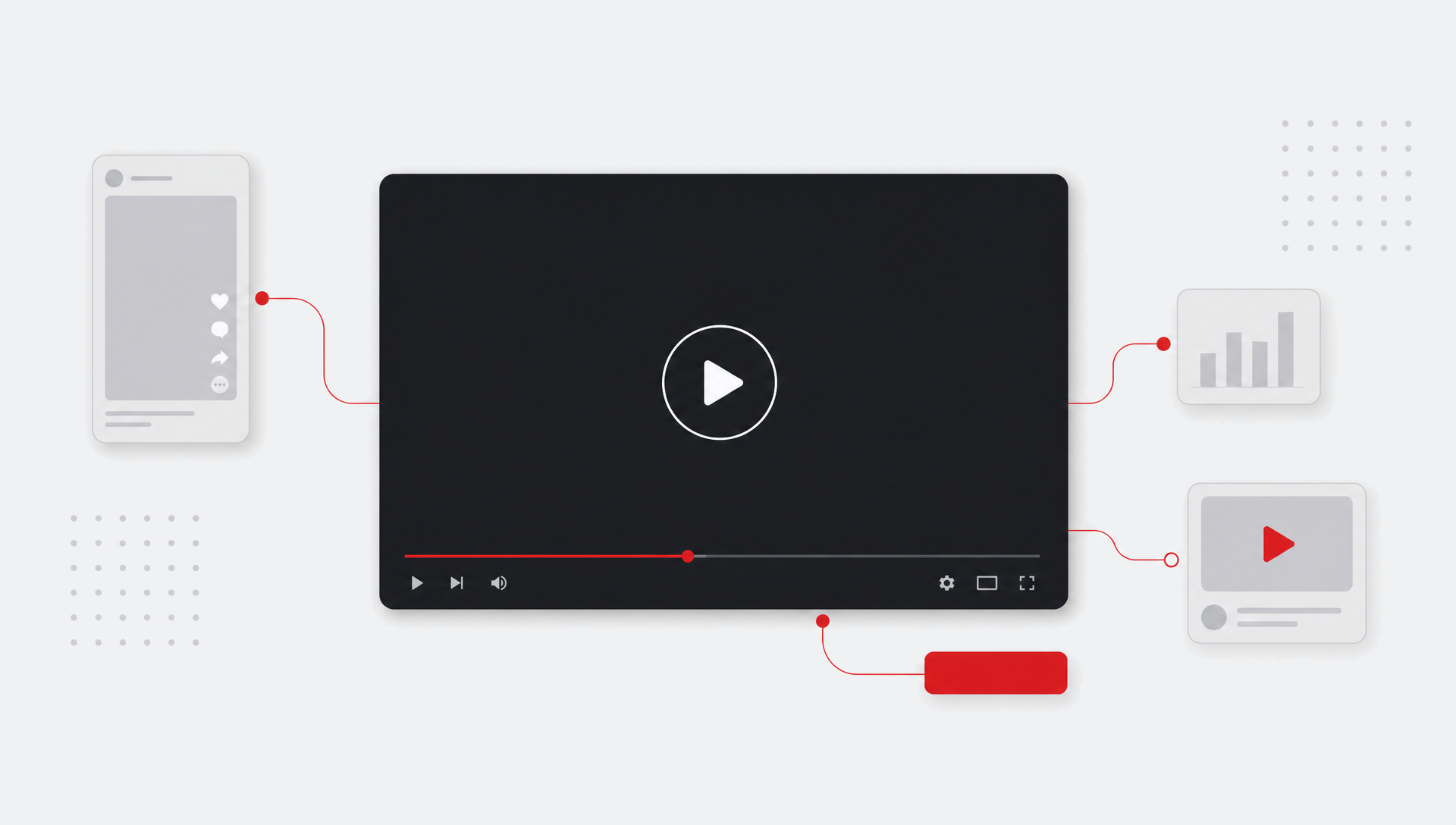 Widescreen video player interface with play control, progress bar and supporting video ad format modules