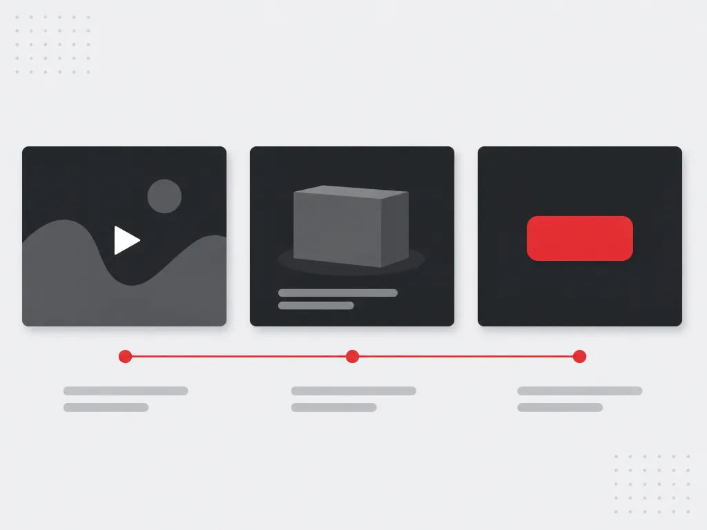 Three dark storyboard frames for hook, product and action linked by a thin red timeline