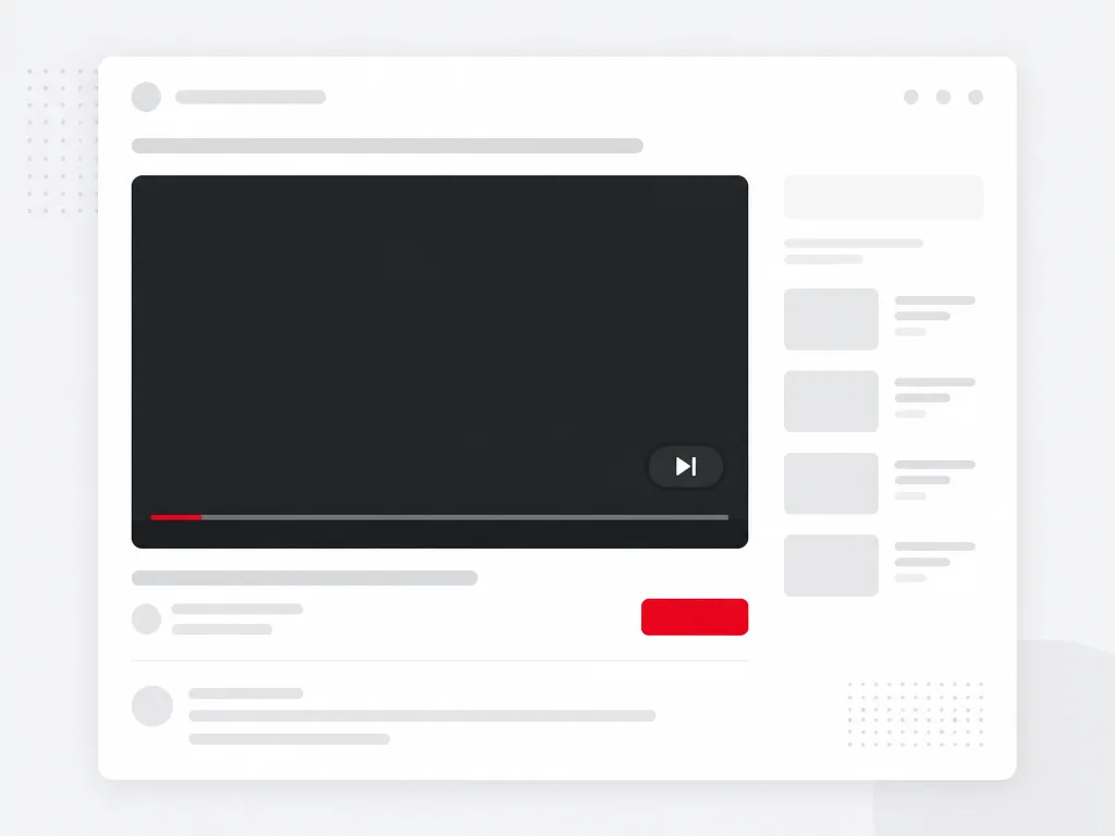 Content page with an embedded video player showing a dark pre-roll ad frame, skip control and red action button